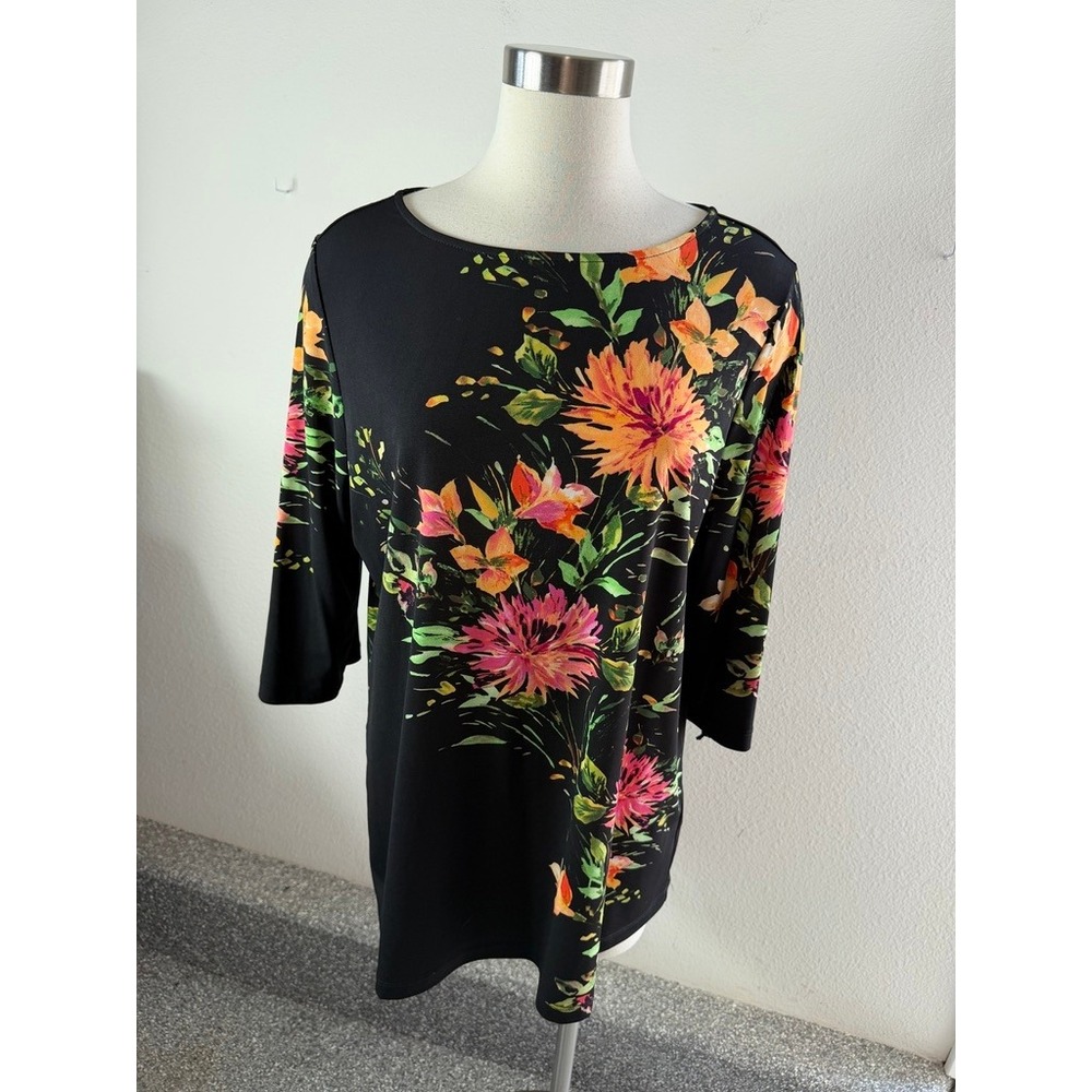 Susan Graver Womens Large Liquid Knit Floral 3/4 Sleeve Tunic Top Black Orange